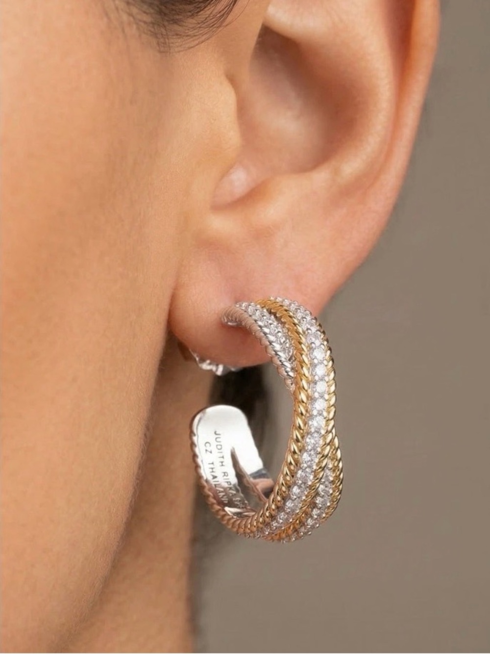Judith Ripka, Sterling 925 Two tone Crisscross Hoop Earrings 1"
CZ
